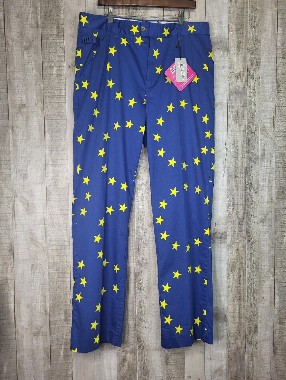 Royal & Awesome Blue Star-Print Trousers with Yellow Stars. 38/34
